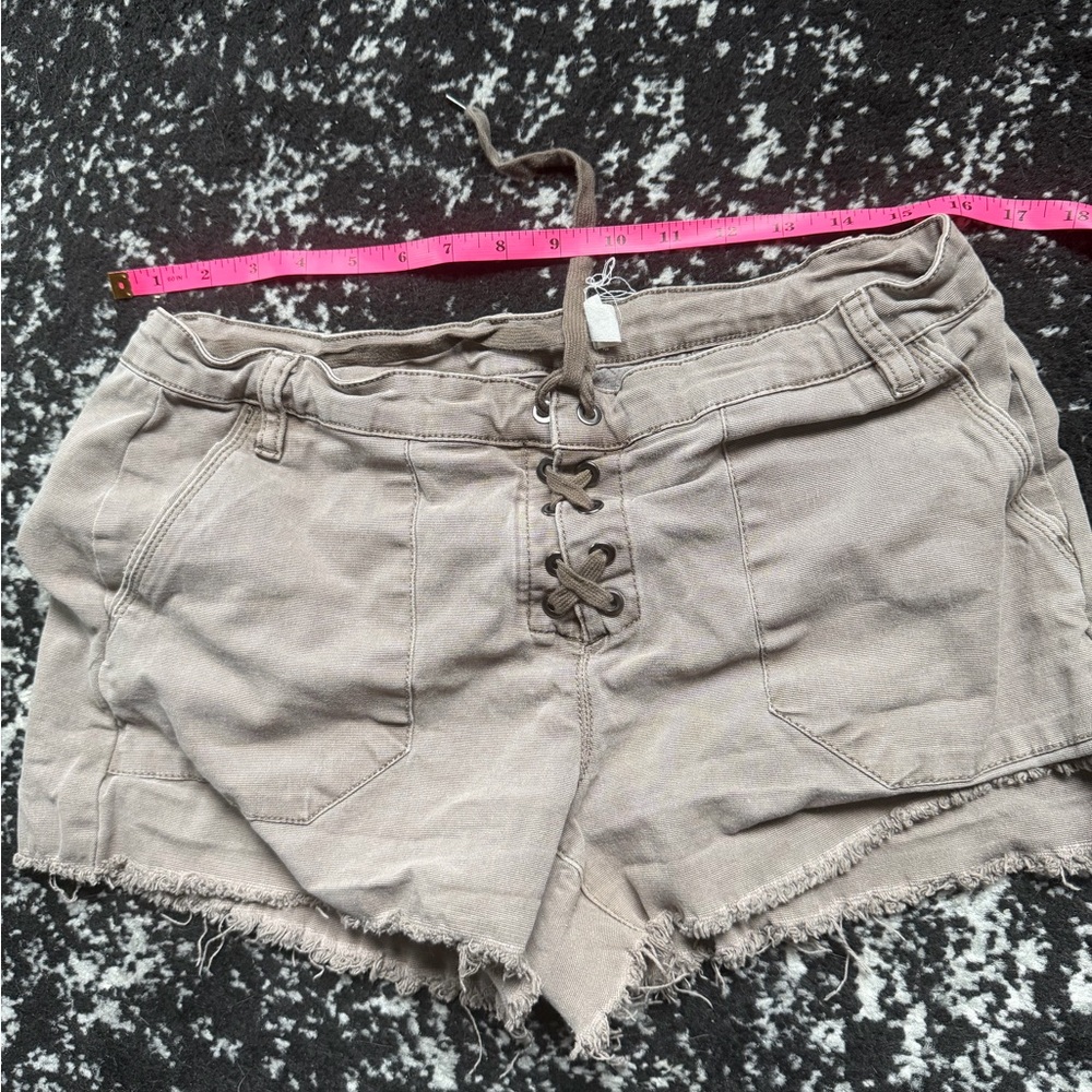 Blank NYC Taupe Lace-Up Frayed Hem High Waist Shorts